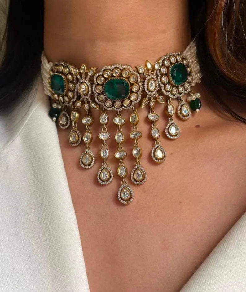 Emerald green Victorian style Sabyasachi uncut polki choker set